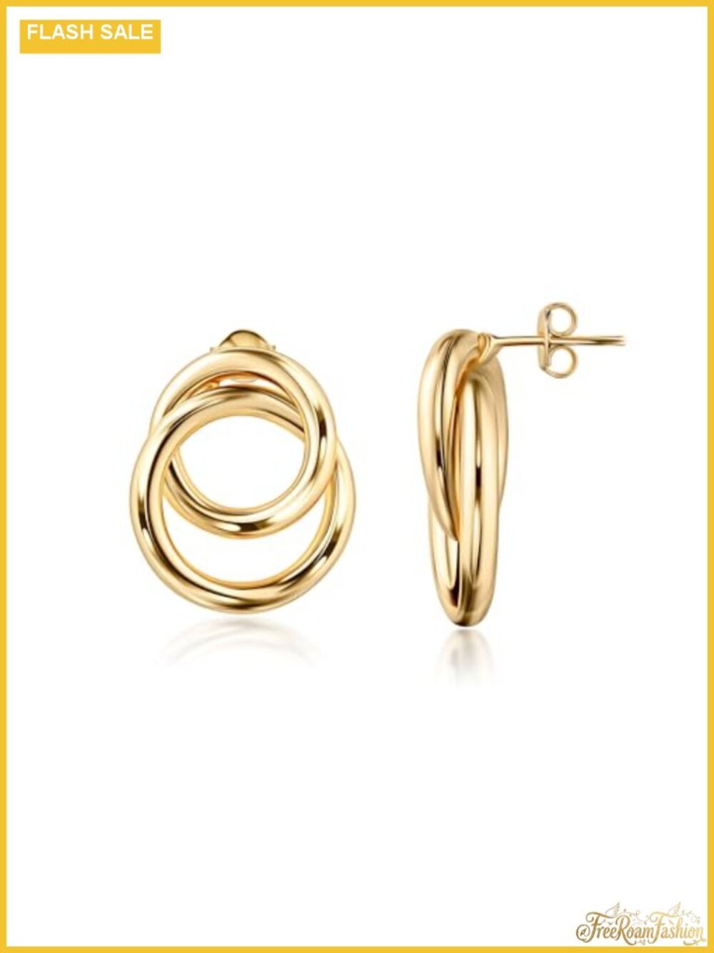 18K Gold Plated Double Loop Dangling Earrings Intertwined High Polish